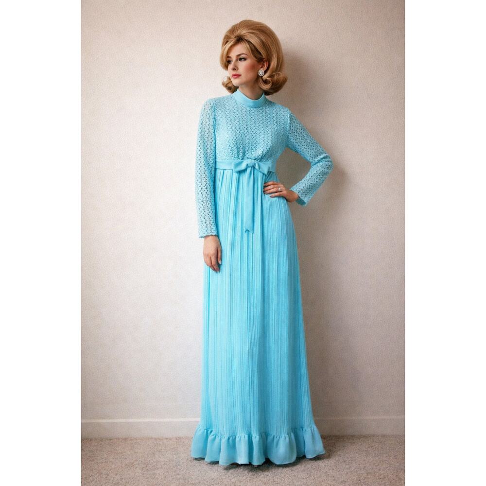 Vintage 70s Light Blue Coquette Mermaidcore Maxi Dress Ruffle Long Sleeve READ
